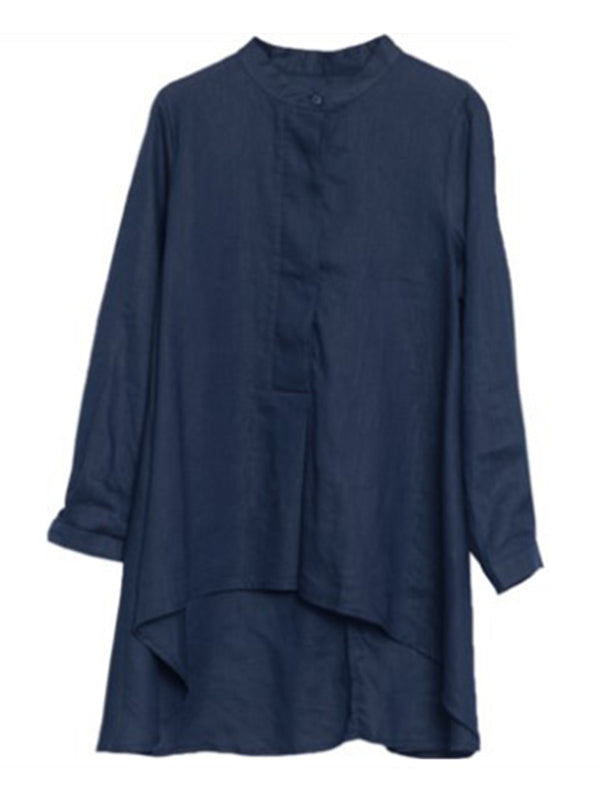 Linen Solid Color Round-Neck Puff Sleeve Blouse Tops