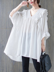 Ruffled Solid Color Loose Ruffle Sleeves Peter Pan Collar Blouses&Shirts Tops