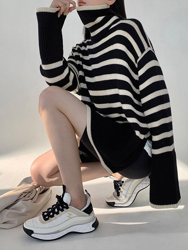 Contrast Color Pleated Split-Joint Split-Side Striped Patterns Long Sleeves Loose High Neck Sweater Tops