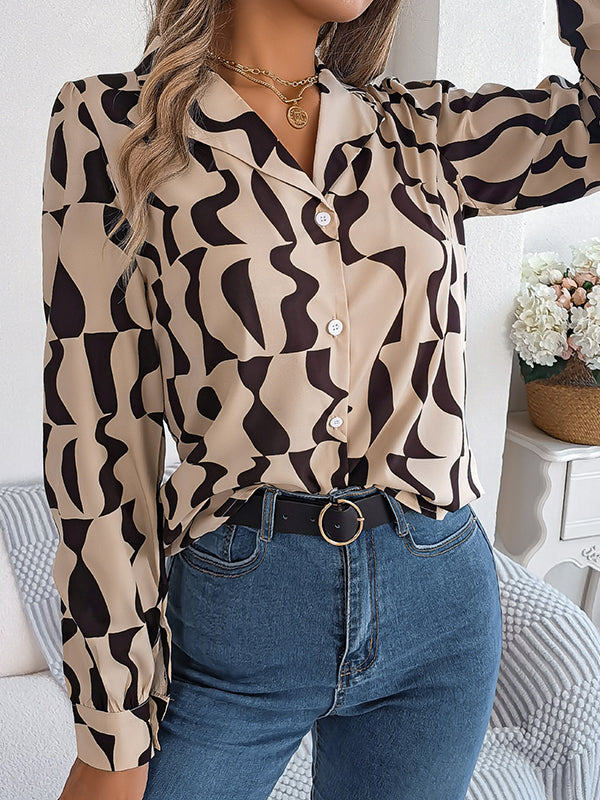 Buttoned Contrast Color Long Sleeves Notched Collar Blouses&Shirts Tops