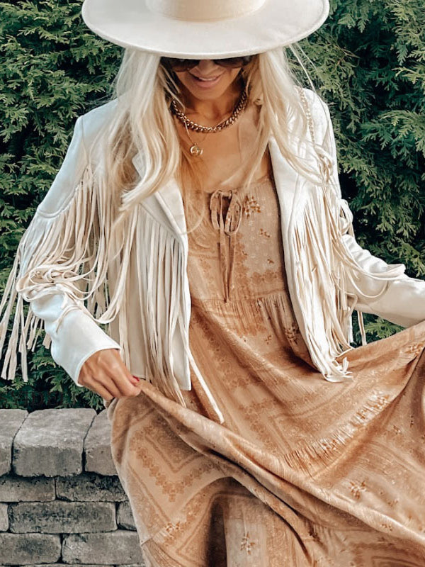 Solid Color Split-Joint Tasseled Long Sleeves Notched Collar Jackets