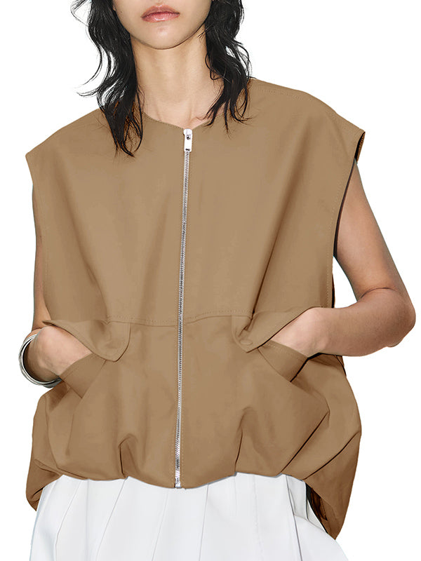 Pockets Split-Joint Zipper Loose Sleeveless Round-Neck Vest Outerwear