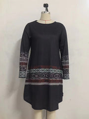 Casual Long Sleeves Striped Contrast Color Printed Round-Neck Mini Dresses