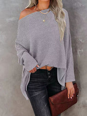 Solid Color Split-side Long Sleeves Loose Boat Neck T-shirts
