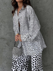 Polka-Dot Long Sleeves Loose Buttoned Contrast Color Pockets Lapel Blouses Tops + Pants Bottom Two Pieces Set