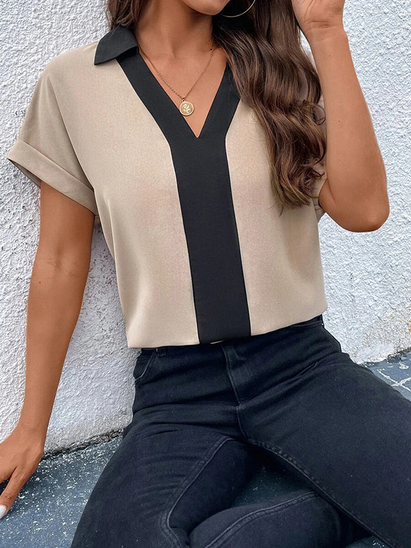Contrast Color Loose Short Sleeves V-neck T-Shirts Tops
