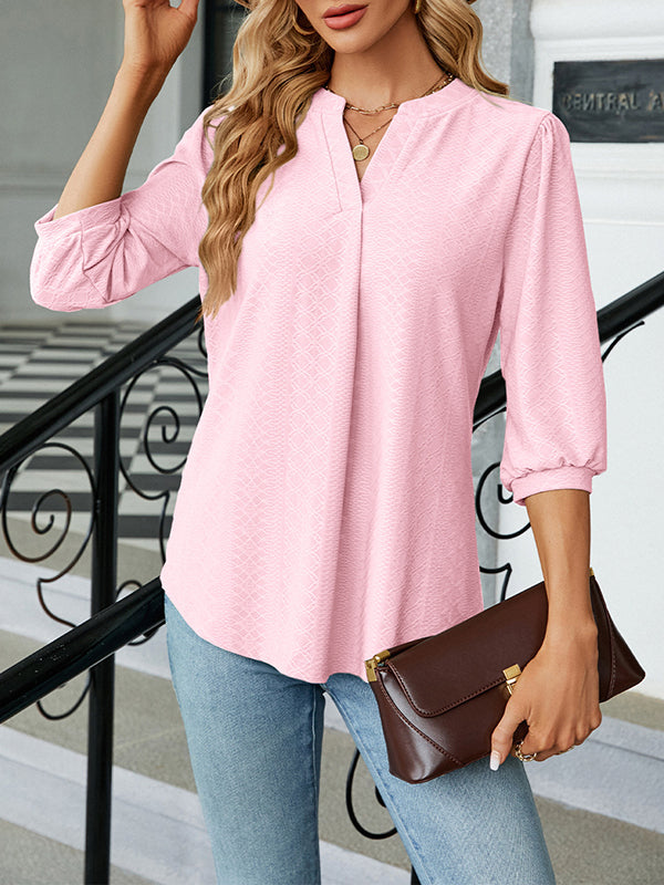 Jacquard Pleated Solid Color Split-Joint Loose Puff Sleeves V-Neck T-Shirts Tops