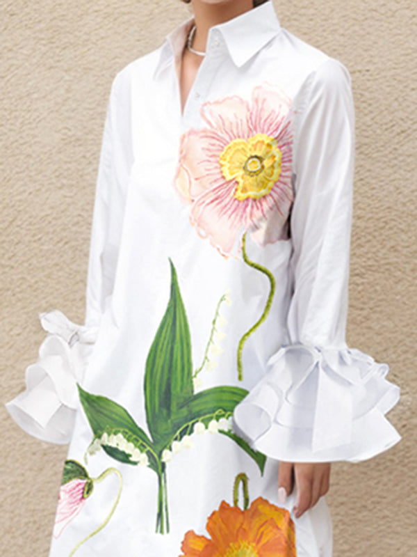 Floral Printed Split-Joint Split-side A-line Flared Sleeves Lapel Collar Shirt Dress Maxi Dresses