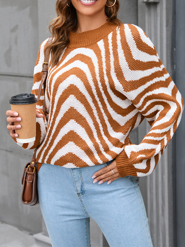 Split-Joint Striped Long Sleeves Loose Round-Neck Sweater Tops Pullovers