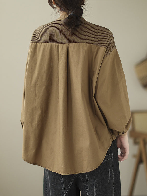Asymmetric Buttoned Pockets Split-Joint Long Sleeves Loose Round-Neck Blouses&Shirts Tops