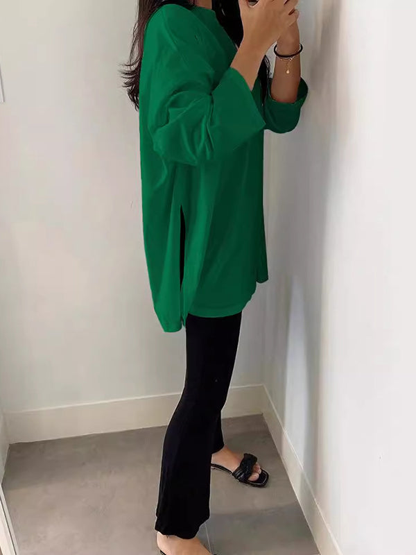 Solid Color Split-Joint Split-side High-low Long Sleeves Round-neck T-shirts