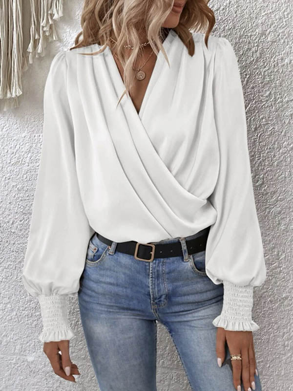 Elasticity Solid Color Long Sleeves Loose V-Neck Blouses&Shirts Tops