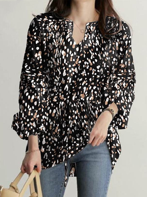 Drawstring Elasticity Leopard Tied Long Sleeves Loose V-neck Blouses&shirts Tops