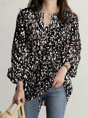 Drawstring Elasticity Leopard Tied Long Sleeves Loose V-neck Blouses&shirts Tops