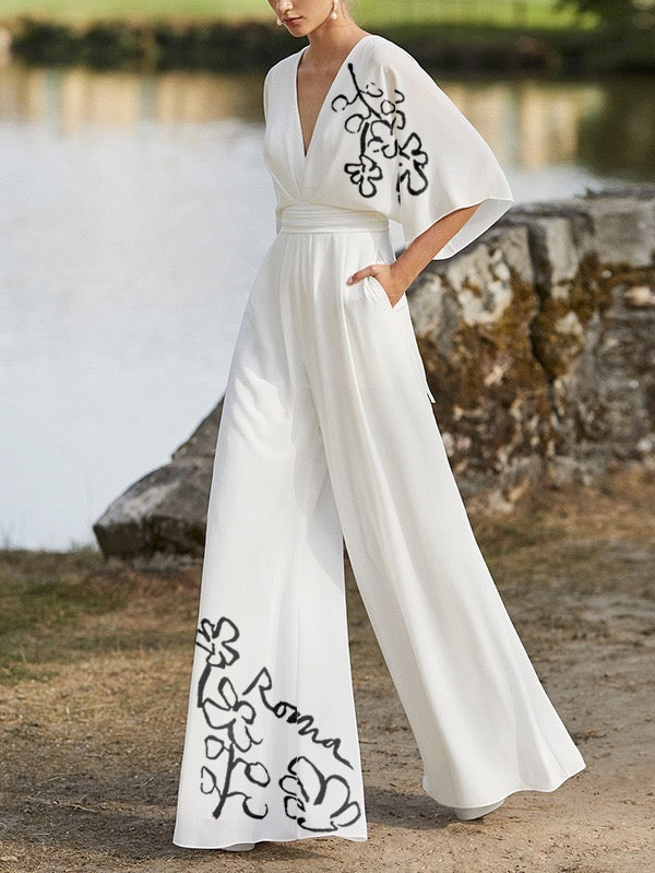 Flower Print Pleated Pockets Half Sleeves High Waisted Deep V-Neck Jumpsuits