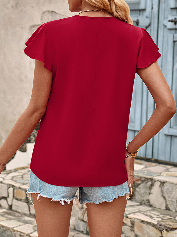 Ruffled Solid Color Loose Short Sleeves V-Neck T-Shirts Tops