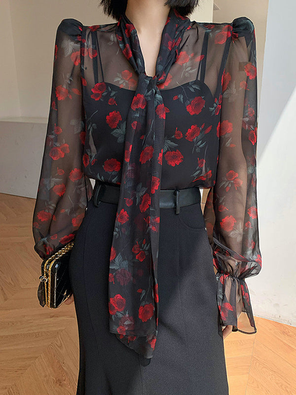 Elasticity Flower Print Mesh Tied Flared Sleeves Long Sleeves V-Neck Blouses&Shirts Tops