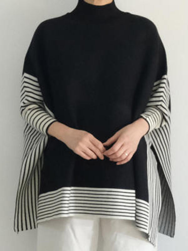 Split-Joint Split-Side Striped Batwing Sleeves Loose High Neck Sweater