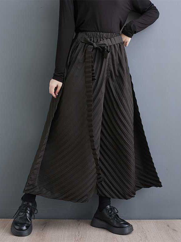 Stand Collar Long Sleeves Loose Buttoned Pleated Solid Color Shirts Top + Pants Bottom Two Pieces Set