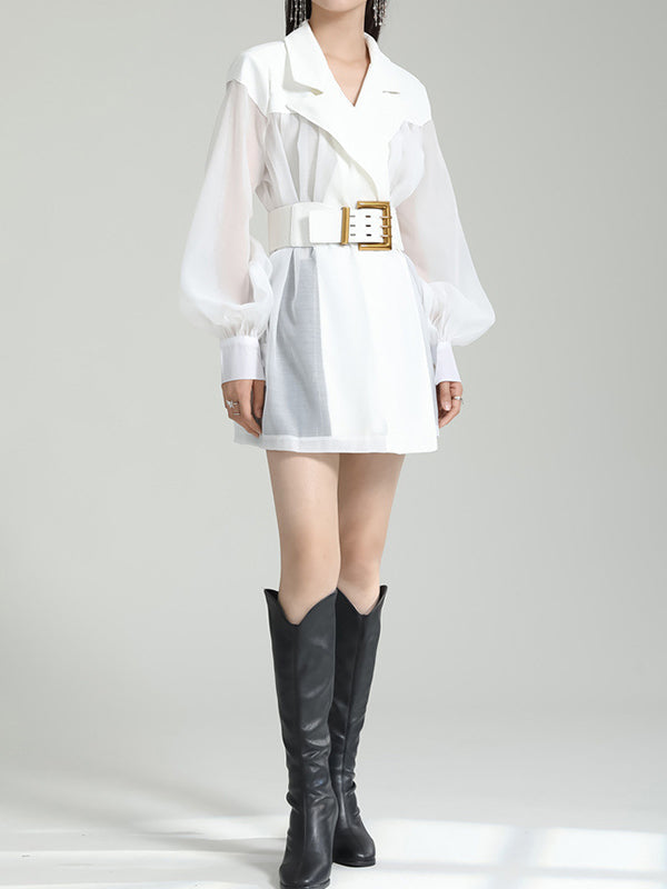 See-Through Split-Joint Tied Waist Loose Puff Sleeves Lapel Blouses&Shirts Tops