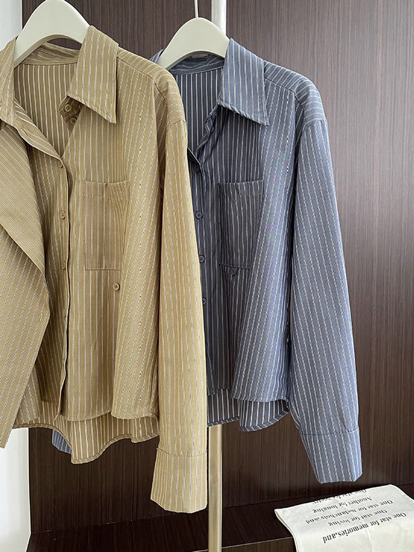 Asymmetric Split-Joint Striped Long Sleeves Loose Lapel Blouses