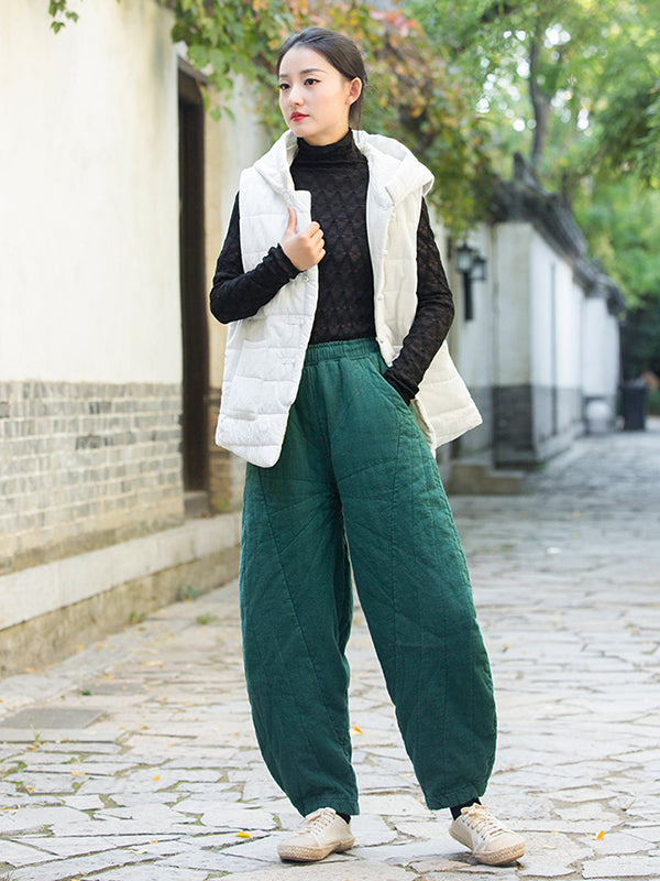 Casual Loose Keep Warm Quilted Solid Color Padded Bloomers Pants