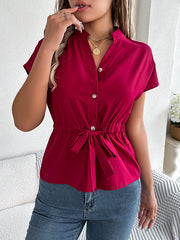 Buttoned Comfort Solid Color Tied Waist Short Sleeves Stand Collar Blouses&Shirts Tops