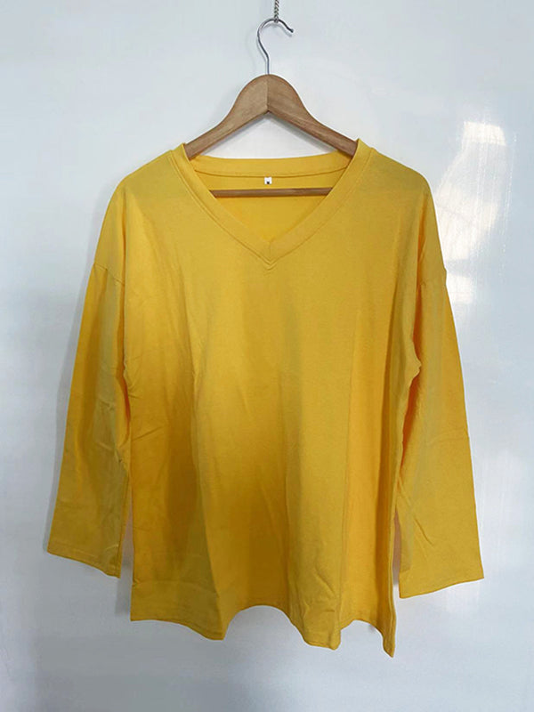See-Through Solid Color Split-Joint Long Sleeves Loose V-neck T-shirts
