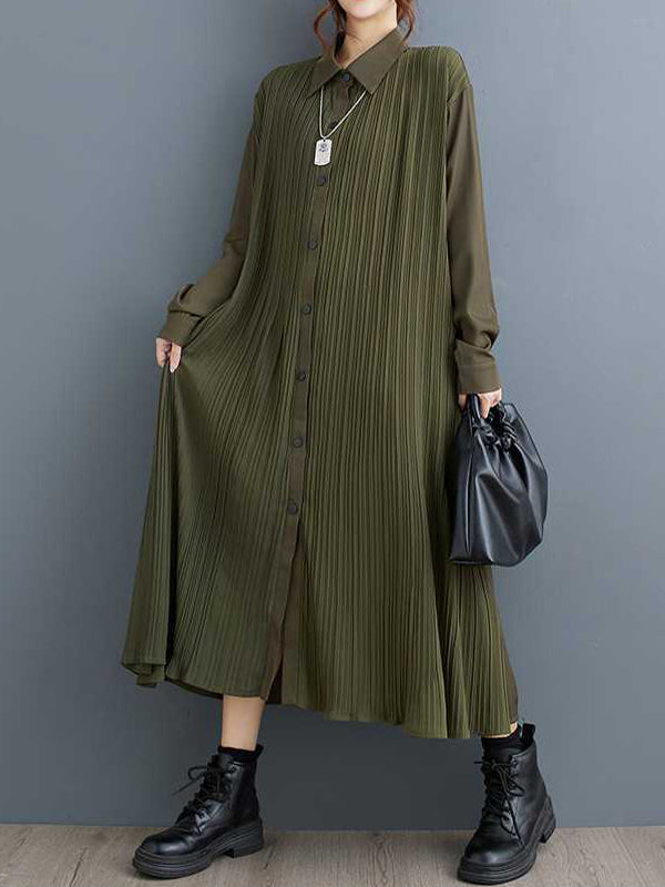 Buttoned Pleated Pockets Split-Joint A-Line Long Sleeves Lapel Shirt Dress Midi Dresses