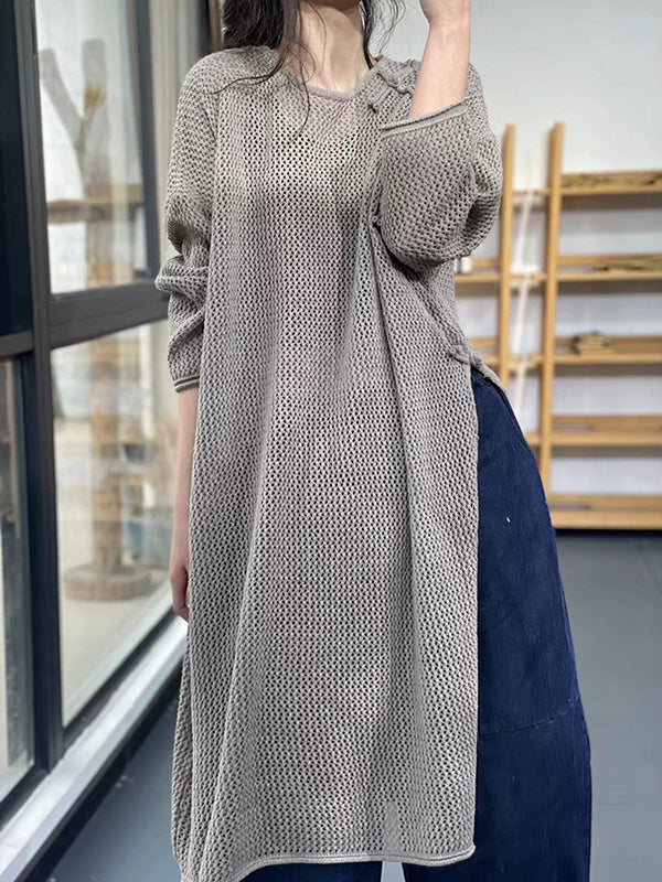 Asymmetric Hollow Split-side Long Sleeves Loose Round-neck Sweater Tops