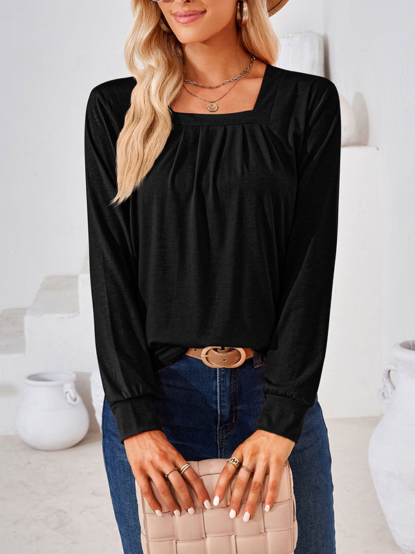 Pleated Solid Color Long Sleeves Loose Square-Neck T-Shirts Tops