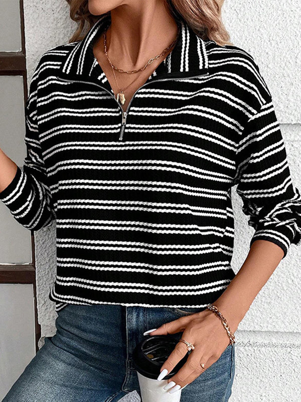 Contrast Color Striped Zipper Long Sleeves Loose Lapel Sweatshirt Tops