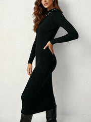 Beads Contrast Color Ribbed Knit Split-Joint Bodycon Irregularity High Neck Midi Dresses