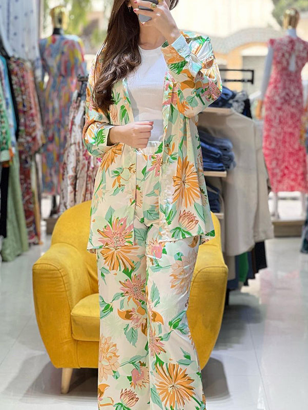 Lapel Long Sleeves Buttoned Flower Print Shirts Top +High Waisted Pants Bottom Two Pieces Set
