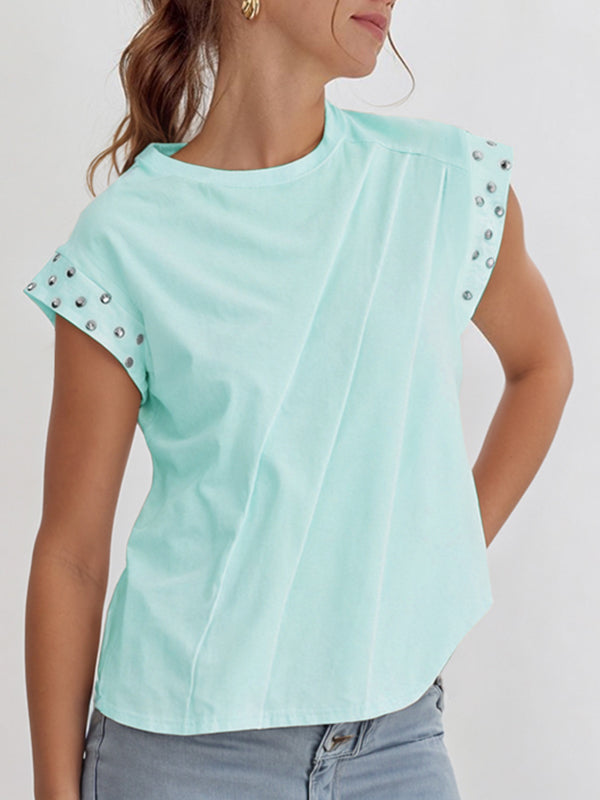 Pleated Split-Joint Loose Short Sleeves Round-Neck T-Shirts Tops