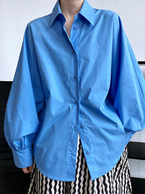 Buttoned Pleated Solid Color Long Sleeves Loose Lapel Blouses&Shirts Tops