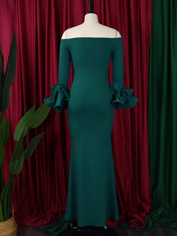 Falbala Solid Color Split-side Bodycon Flared Sleeves Off-the-shoulder Maxi Dresses