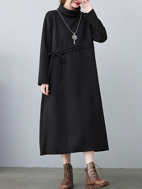 Casual Loose Solid Color Drawstring High-Neck Long Sleeves Sweater Dress