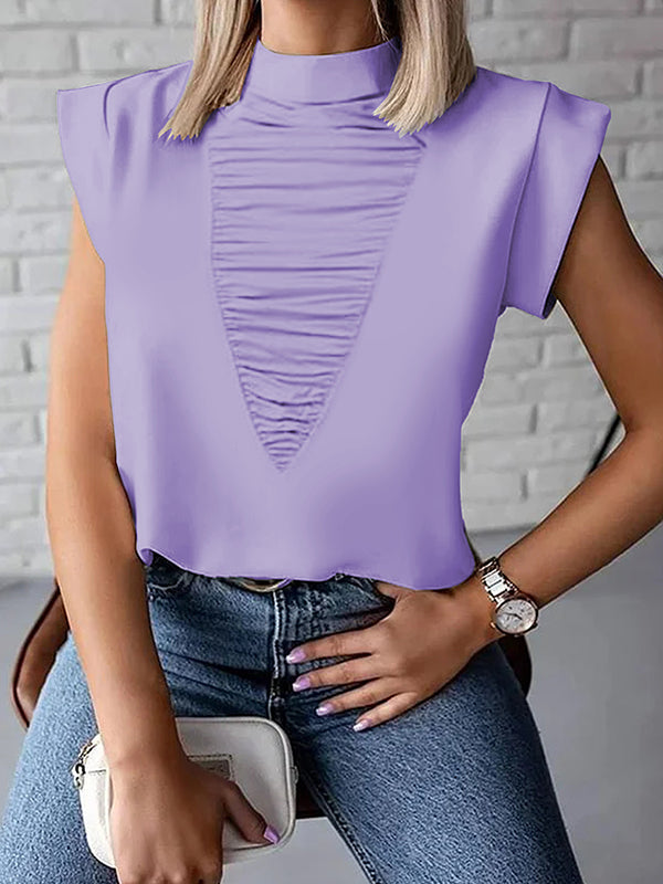 Pleated Solid Color Loose Sleeveless Mock Neck T-Shirts Tops