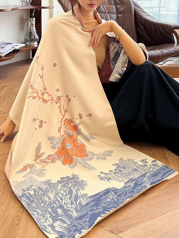 Floral Printed Tasseled Shawl&Scarf