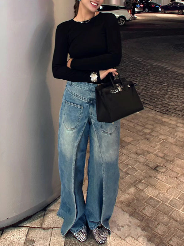 Pockets Reversible False Two Wide Leg Jean Pants Bottoms