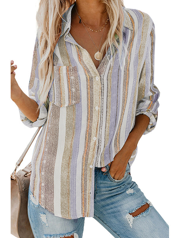 Buttoned Pockets Striped High-Low Long Sleeves Lapel Blouses&Shirts Tops