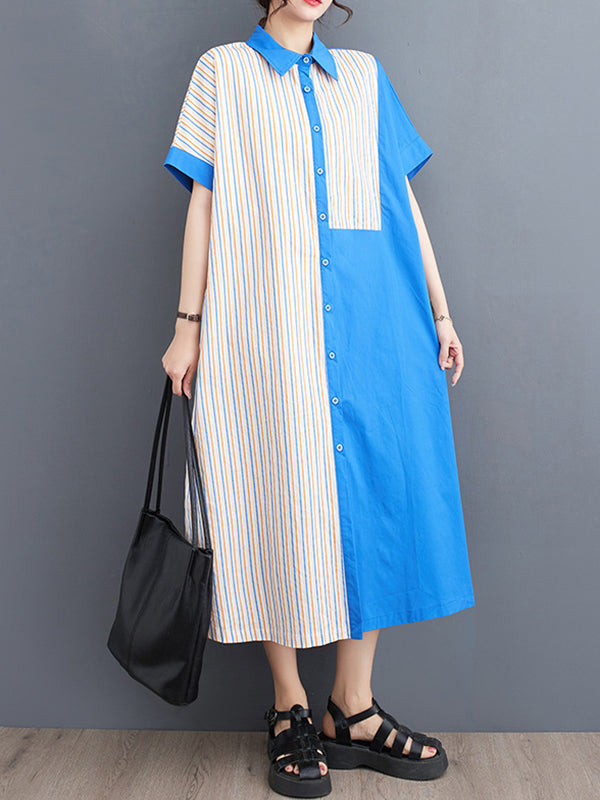 Asymmetric Split-Joint Striped Loose Short Sleeves Lapel Shirt Dress Midi Dresses