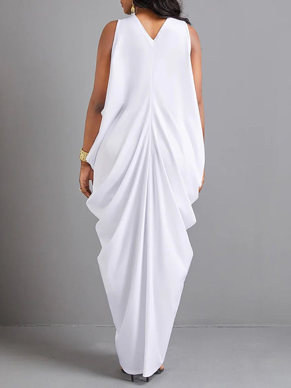 Loose Sleeveless Pleated Solid Color V-Neck Maxi Dresses