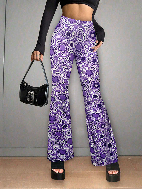 Flower Print Split-Joint High Waisted Loose Pants Flared Trousers