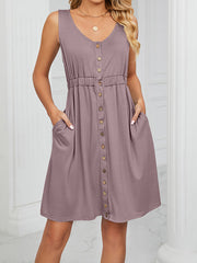 Buttoned Elasticity Pleated Pockets Split-Joint A-Line Loose Round-Neck Mini Dresses