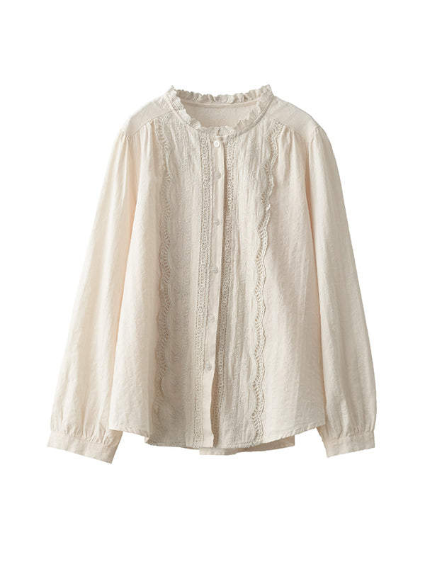 Embroidered Long Sleeves Loose Round-Neck Blouses&Shirts Tops