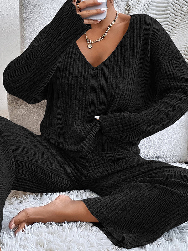 Solid Color Long Sleeves Loose V-Neck Shirt Top + Pants Bottom Pajama Sets
