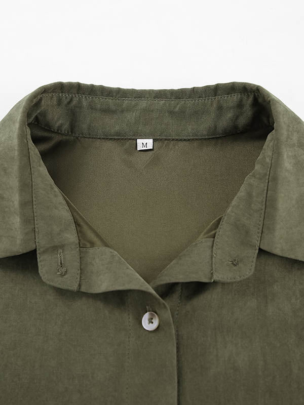 Buttoned Pockets Solid Color Loose Raglan Sleeve Lapel Blouses&Shirts Tops