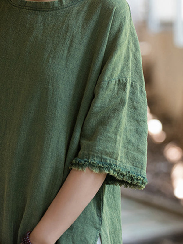 Fringed Solid Color Split-Side Half Sleeves Round-Neck Midi Dresses